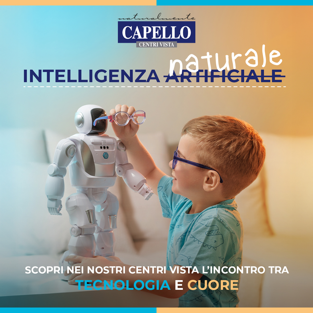 Fotografia pubblicitaria per Ottica Capello, bambino con robot e occhiali